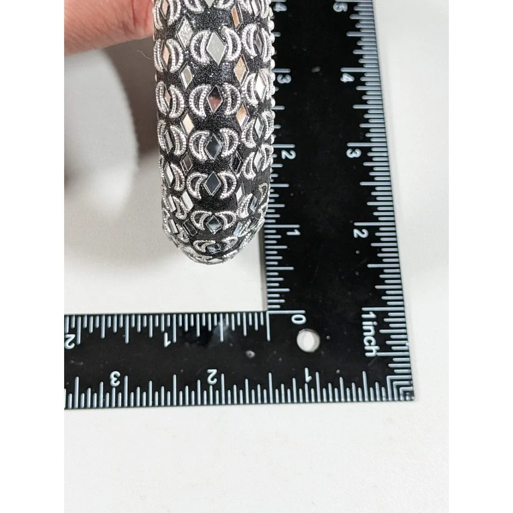 Black Silver‎ Tone mirror Crescent Moon Inlay Bangle Bracelet 8 inches